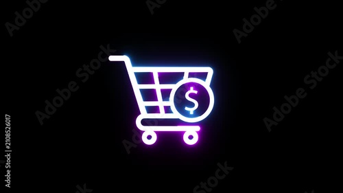 Neon glowing shopping cart icon with dollar sign isolated on black background.