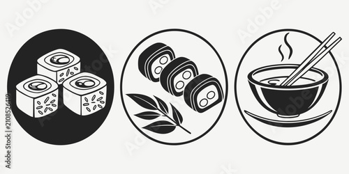 Schilderij op canvas Traditional japanese cuisine sushi, ramen, and miso soup in black and white chop
