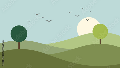 Simple scenic landscape illustration depicts rolling green hills under a pale setting sun with flying birds.
