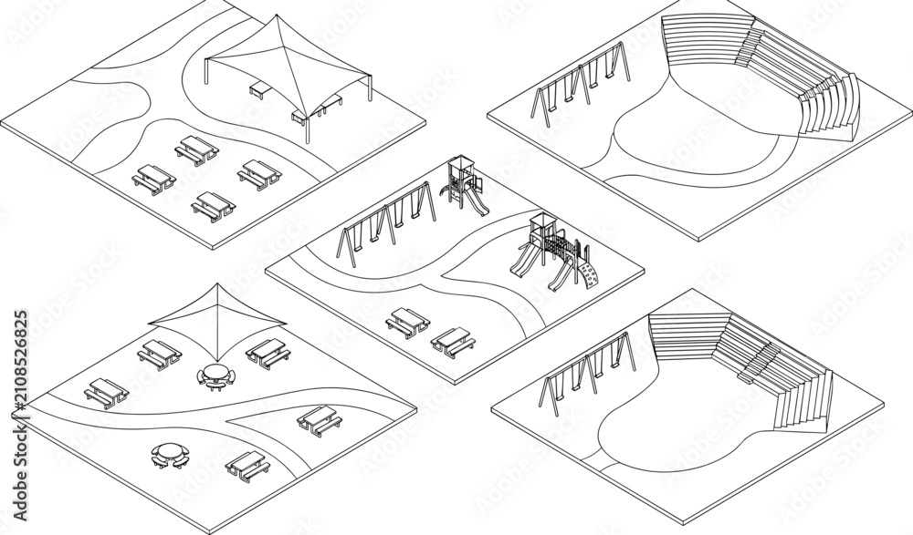Fototapeta premium Isometric Public Park and Playground Line Art Vector Set for Architectural and Urban Planning