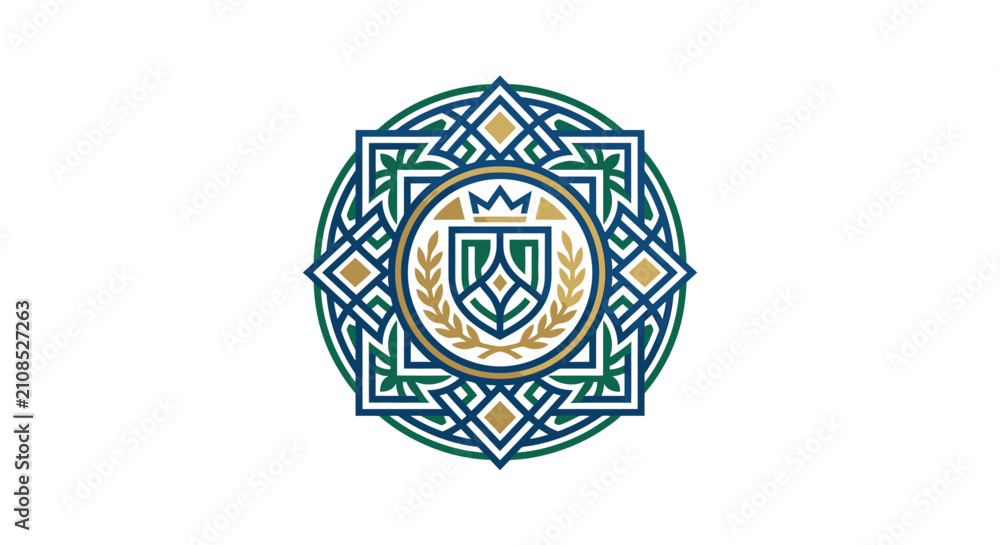Obraz premium Octagonal green and gold crest with central shield.