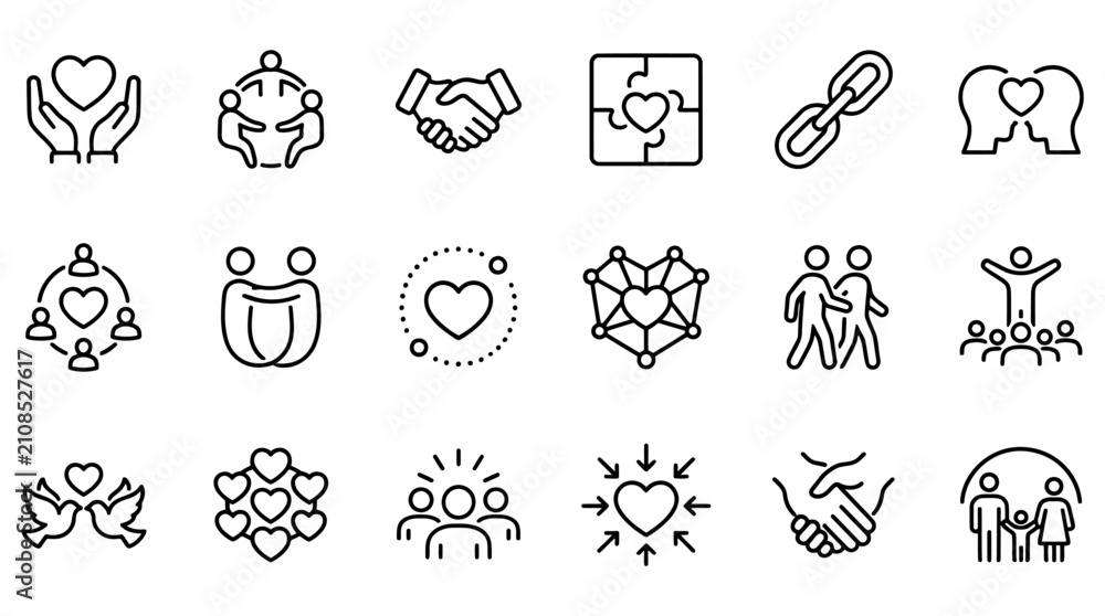 Fototapeta premium Community and empathy line icons, 18 charity and kindness vector symbols, social support and relationship outline graphics for non-profit branding