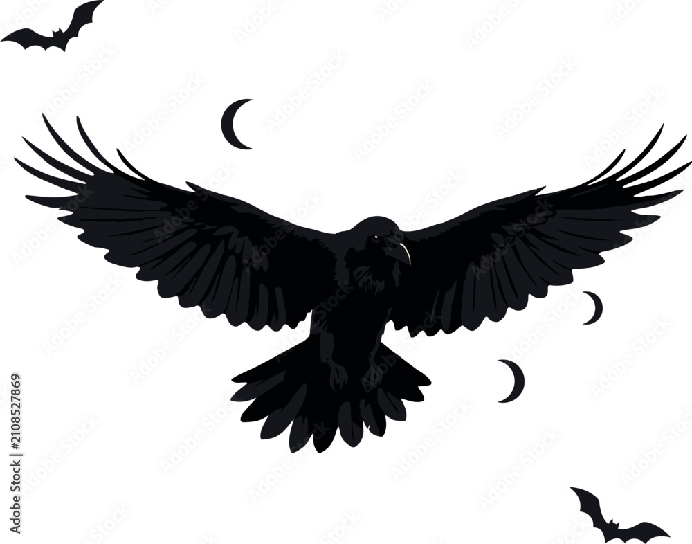 Fototapeta premium Black raven soaring with crescent moons and bats during Halloween night vector illustration