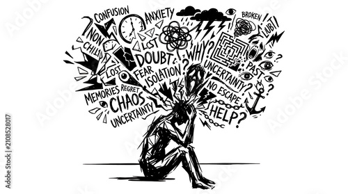 Person overwhelmed by thoughts of anxiety confusion and doubt.