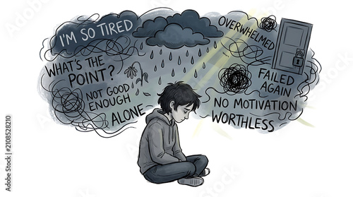 Young person experiencing mental health struggles and negative thoughts.