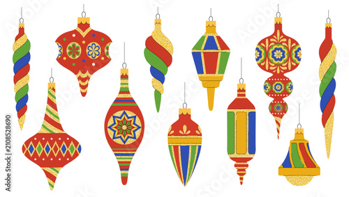 Vintage Christmas tree ornaments set. Collection of colorful glass ornaments with patterns, sparkling gold glitter, twisted icicles, lantern ornaments, and other classic Christmas decorations.