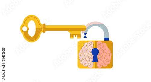 Golden Key Unlocking Human Brain Padlock - Concept for Mental Health, Psychology, Education, and Unlocking Creative Potential Vector Illustration