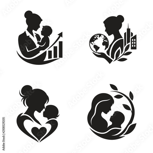 Mother and Baby Silhouette Logo Set, Working Mom, Business Woman, Family Love, and Earth Care Vector Concepts