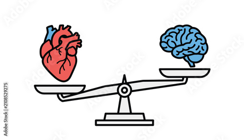 Classic balance scale weighing a human heart against a brain representing the balance between logic and emotion.