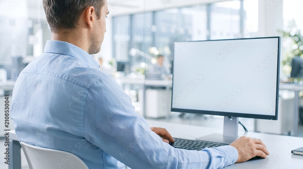 Fototapeta premium Rear view of a man in a blue shirt typing on a computer with a blank white monitor for design template