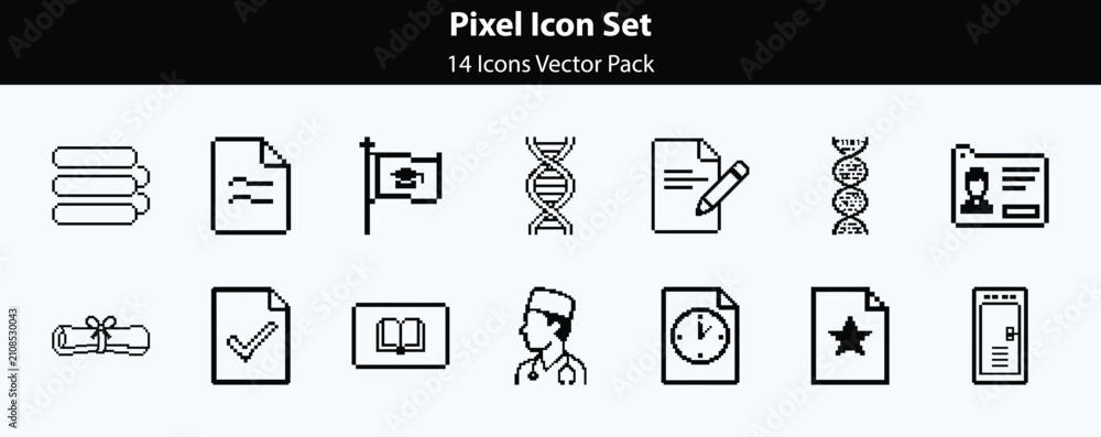 Fototapeta premium Educational pixel art icon pack including documents scientific symbols and school items