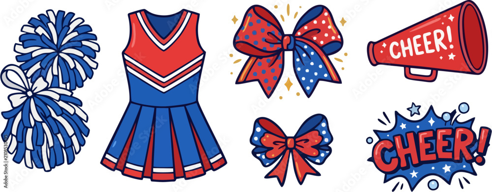 Obraz premium Cheerleader Set – Colorful Hand Drawn Illustration of Pom Poms, Uniform, Hair Bow, Megaphone and Cheer Text in Red, White and Blue, Cartoon Vector Clip Art