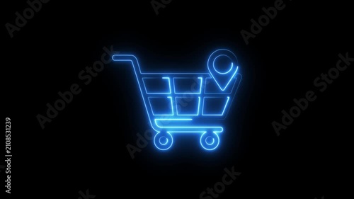 Neon blue shopping cart icon with location pin animation on dark background.
