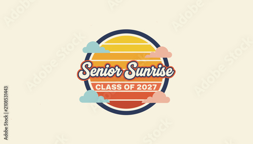 Retro senior sunrise class of 2027 graphic logo design with sunset stripes and pastel clouds on beige background.