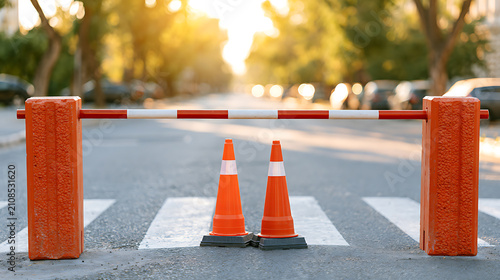 Barrier gate and cones block a paved street, creating a temporary obstruction under warm daylight, symbolizing restriction and safety