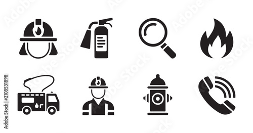 Tableau sur toile Fire department icons including firefighter helmet extinguisher magnifying glass truck and fire hydrant