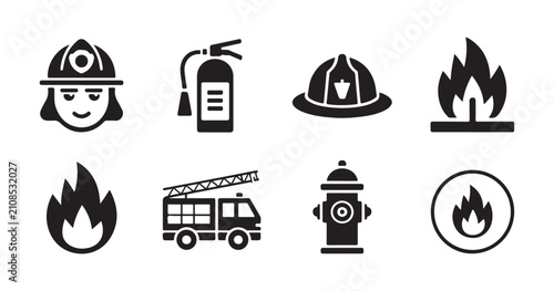 Cuadro en lienzo Fire safety collection featuring firefighter head helmet extinguisher truck and water hydrant symbols