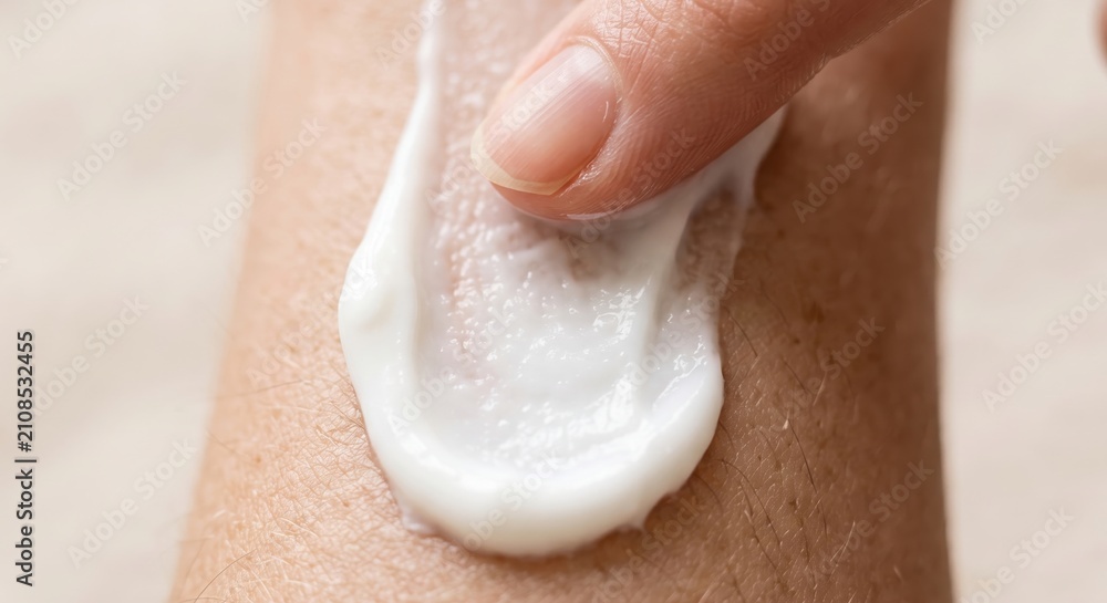 Fototapeta premium Close up of person applying moisturizing cream on skin for daily body care routine to soothe and hydrate dry surface texture for healthy glow wellness