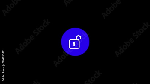 Cybersecurity unlocked padlock icon animation, digital security access granted symbol, blue glowing privacy button on black background