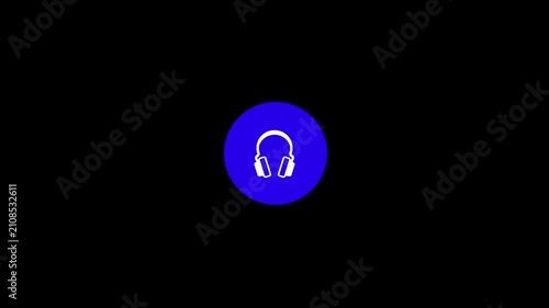 Minimalist headphone icon animation, pulsing blue circle with white headset symbol, modern audio and music streaming motion graphic on black background