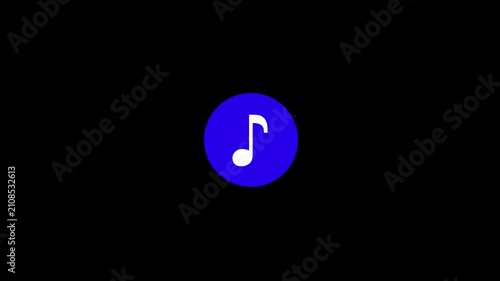 Minimalist music note icon animation, white musical eighth note on blue circle button, clean audio interface element for digital media apps