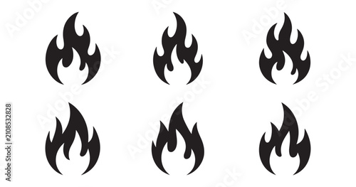 Quadro su tela Set of six black flame icons with abstract shapes on transparent background indicating heat and fire