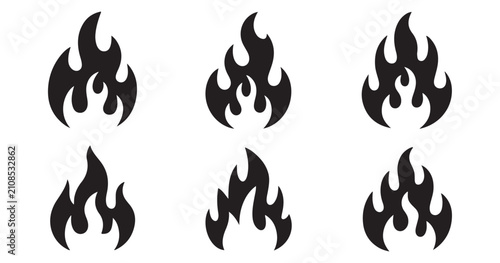 фотографія Six stylized black flame icons on transparent background representing heat fire and energy concepts