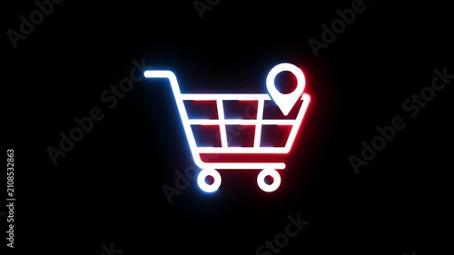 Neon illuminated shopping cart with location pin icon animation for digital retail concept.