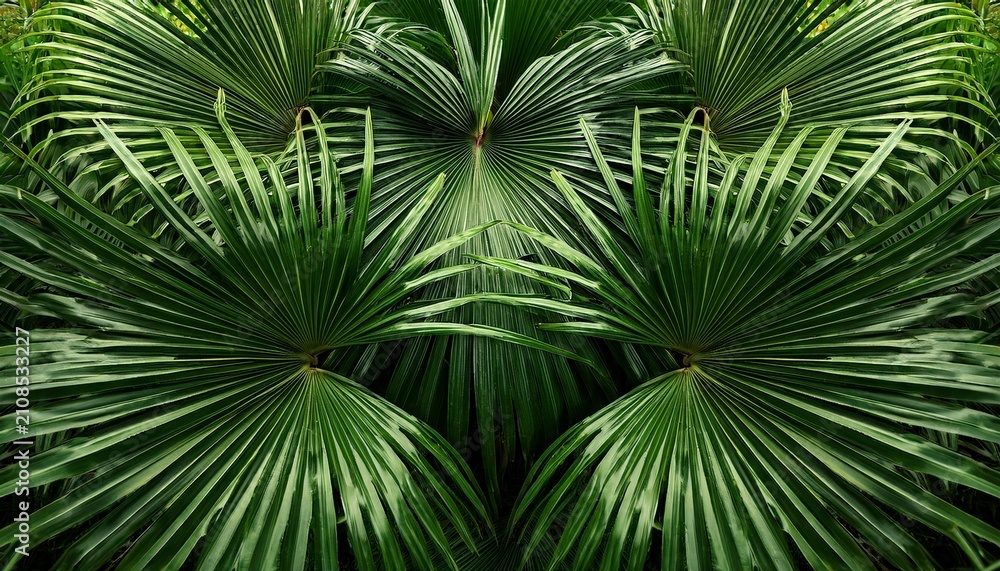 Fototapeta premium a seamless pattern of overlapping palm leaves and tropical greenery in varying shades of green creating a dense and lush jungle effect with natural lighting emphasizing texture and depth