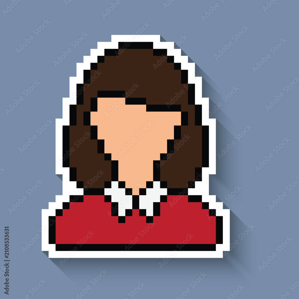 Fototapeta premium Woman avatar long shadow sticker 8 bit vector icon for computer game logo