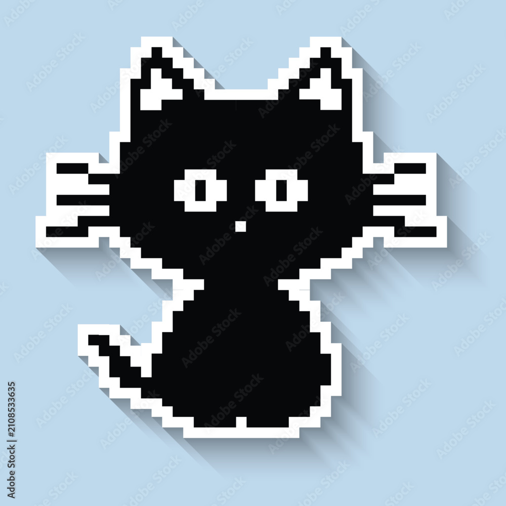 Fototapeta premium Black cat long shadow sticker 8 bit vector icon for computer game logo