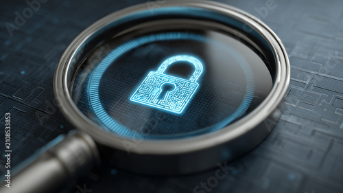 A magnifying glass focused on a digital padlock interface, representing cybersecurity auditing, access control
