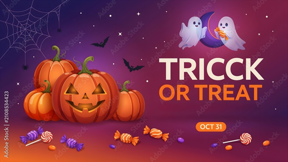 Fototapeta premium Trick or Treat Halloween Vector Banner with Cute Ghosts Pumpkins and Sweets on Purple