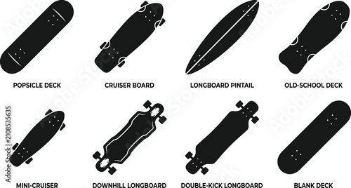 Bild auf Leinwand Skateboard types silhouette icon set featuring black vector shapes of popsicle c