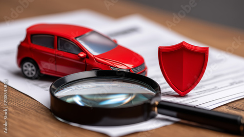 A car model beside a shield and magnifying glass on documents depicts vehicle insurance review, symbolizing coverage verification, risk assessment, and financial protection.
