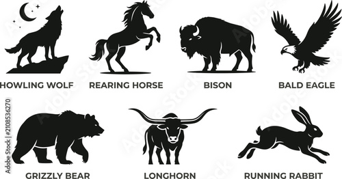 Quadro em tela Wild animals and wildlife black silhouettes set featuring wolf horse bison eagle