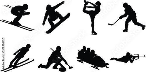 Fotografi Winter sports black silhouettes set featuring skiing snowboarding ice skating ic