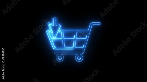Neon blue outline shopping cart icon with glowing arrow showing digital purchase concept.