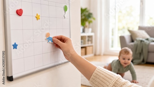Parents capture infant first crawl on calendar using magnets in a bright cozy home