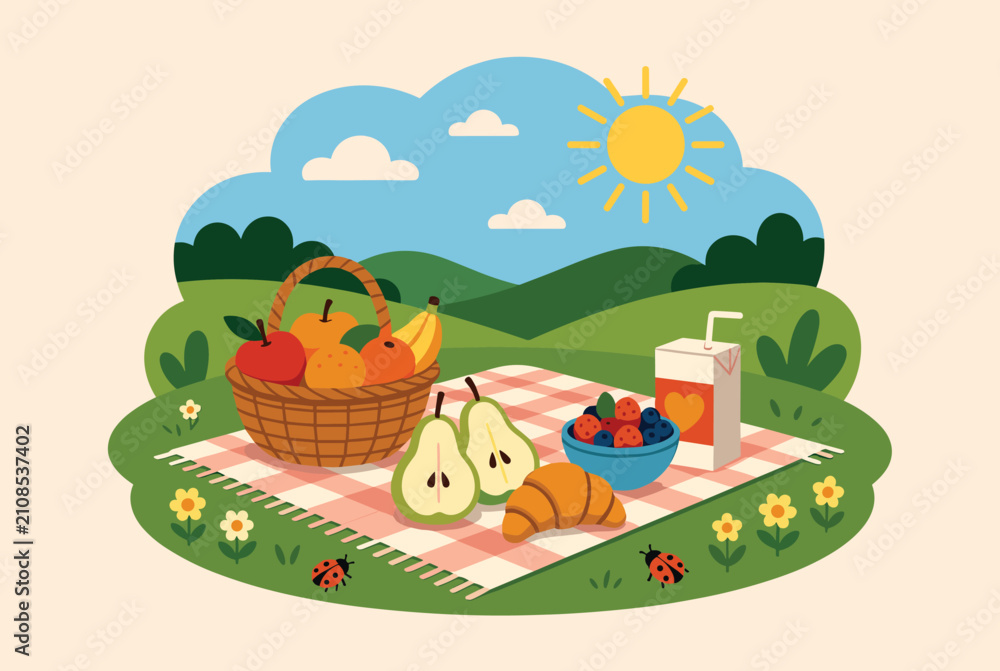 Naklejka premium Scenic summer picnic layout with a basket of fruits, croissant, berries, and juice on a blanket under the sun.
