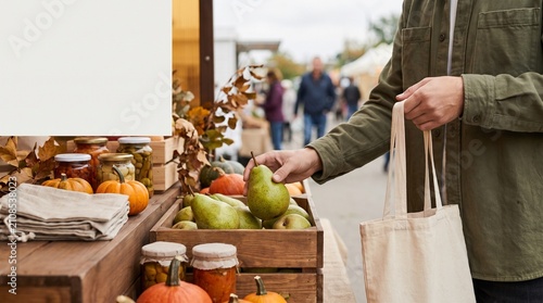 Person selecting fresh green pears from wooden crate at outdoor seasonal produce market stall with captures person reaching filled autumn produce