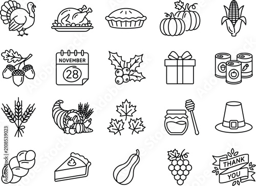 Set of thin line icons representing various thanksgiving holiday symbols and traditional autumn harvest celebration elements