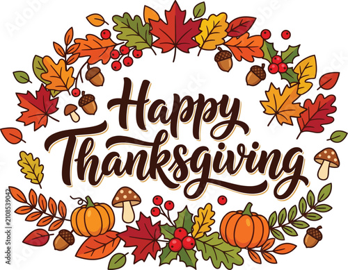 Happy thanksgiving greeting card design with a festive wreath of colorful autumn leaves and pumpkins on white