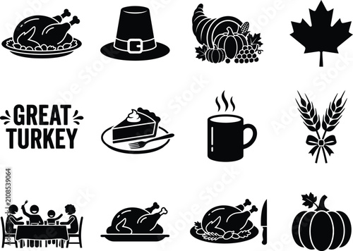 Set of black and white thanksgiving holiday icons featuring turkey pumpkin pie and autumn harvest symbols
