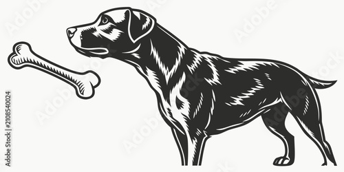 Fotografía Black dog holding white bone silhouette, isolated on white background