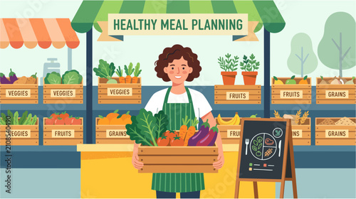 Elderly black Brazilian market vendor passing traditional knowledge and business skills to a younger family member at a produce stand, 2D flat vector illustration