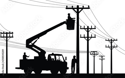 Electrical power line maintenance vector illustration, utility workers repairing overhead transmission poles, bucket truck engineering service silhouette collection design