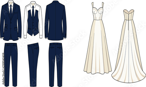 Принти на полотні Formal Wedding Apparel Technical Flat Sketch Vector Set Featuring Groom Suit and