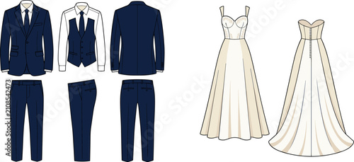 Принти на полотні Formal Wedding Attire Technical Flat Sketch Vector Set Featuring Groom Suit and