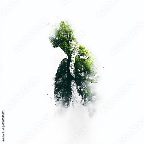 Conceptual double exposure of a human profile and green tree on white background